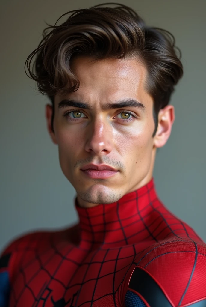 Photo of spider man, no mask, 20s, handsome, detailed face, looking at camera, Portrait, 8k uh, High quality, Hold the gun.