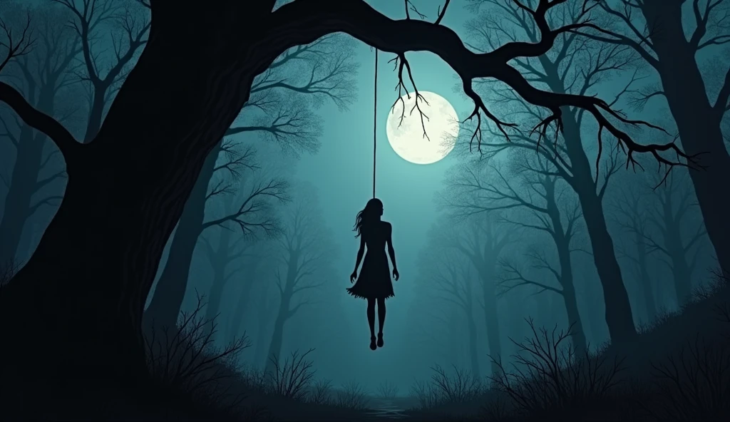 A haunting image of a woman hanging herself from a large tree in a dark forest with dim moonlight.