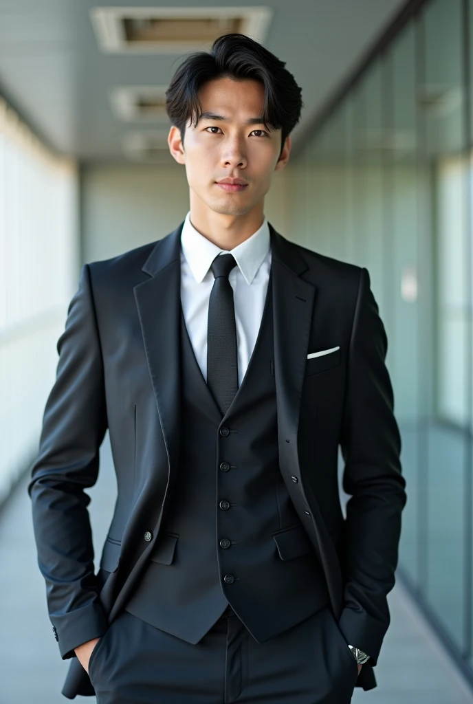 A slim but slightly muscular Japanese man in a suit, Photographed with a smartphone, Top quality, 1 beautiful men, Perfect Face, Japanese men, age 34, suit, center part, short hair, black hair, oily hair, Posing like a magazine cover,
