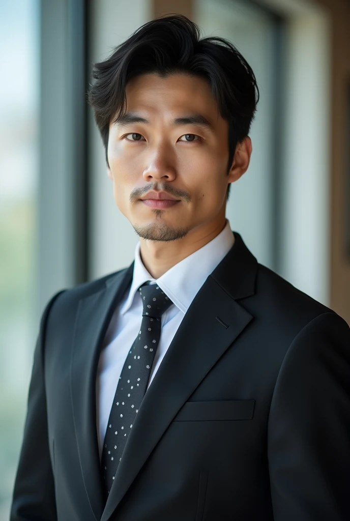 A slim but slightly muscular Japanese man in a suit, Photographed with a smartphone, Top quality, 1 beautiful men, Perfect Face, Japanese men, age 34, suit, center part, short hair, black hair, oily hair, Posing like a magazine cover,