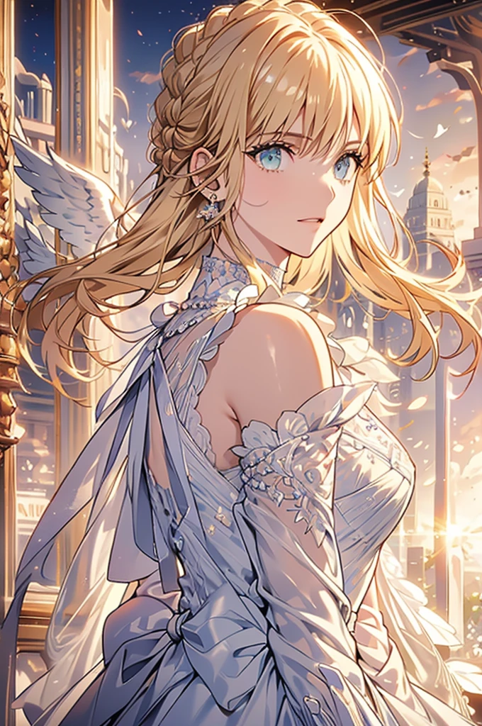 {{{masterpiece}}}, {Highly detailed CG}, amazing, in detail, alone, {{beautiful 풍경}}, sunset, {{wind}}, detailed background, beautiful, nipple, {{{pussy}}}, Sheer mesh dress, bright eyes, {{whole body}}, dynamic pose, dynamic angle, looking at viewer, Detailed clothes, beautiful sunset, enlargement, best quality, Blonde long haired woman, {{beautiful}}, pretty, {laugh}, {{With angel wings}}, halo, shining