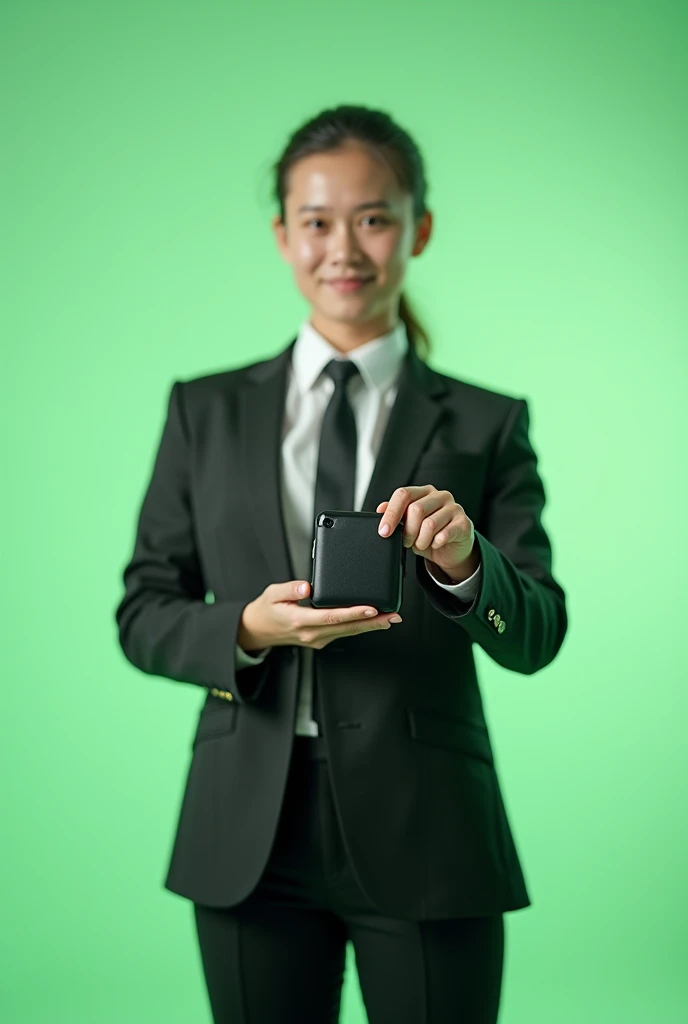 Original text+ screen replaced with green screen, mock-up for advertisement, white background, professional attire, high-quality product shot, studio lighting
