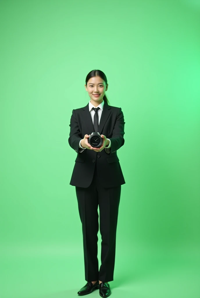 Original text+ screen replaced with green screen, mock-up for advertisement, white background, professional attire, high-quality product shot, studio lighting