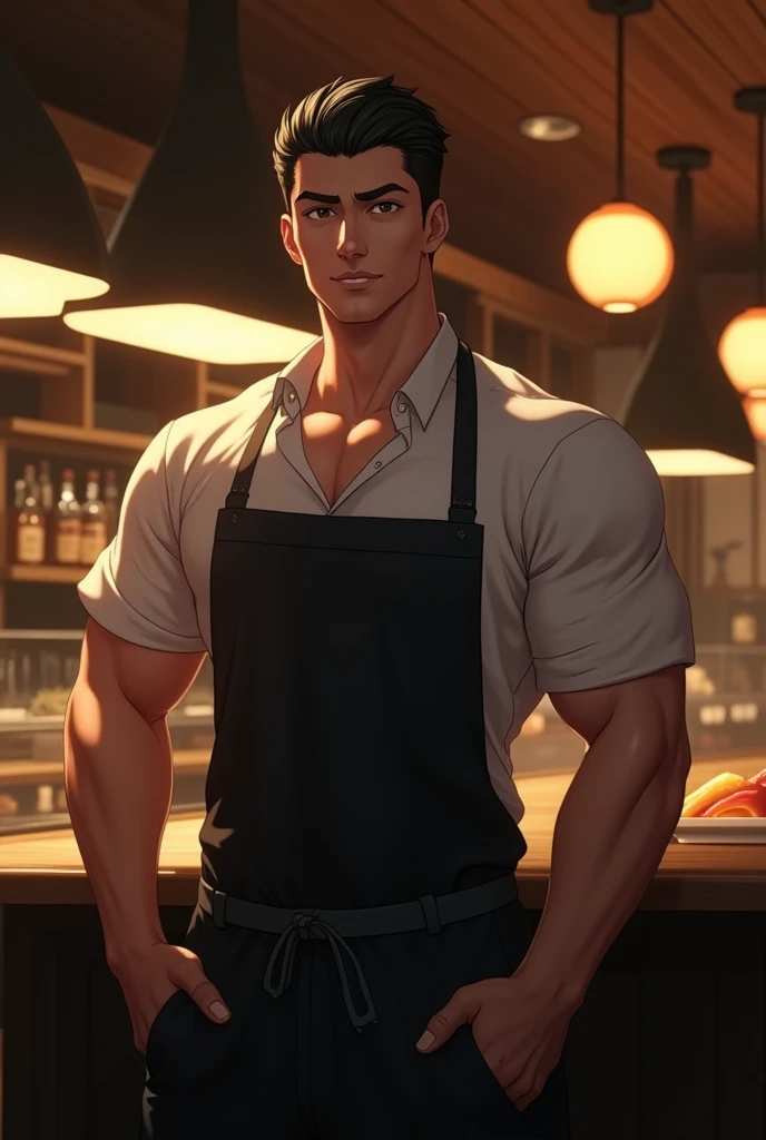 30 year old man with an athletic and well defined body, broad shoulders and a slight protrusion of the genital in the lower leg area visible through the apron. Your face should have a strong jawline, Straight Nose, and a gentle and seductive look. The hair is black, smooth and short, and the eyes are dark and deep. realistic lighting, Dynamic angle, 真实感, best qualityer, fully body. sushi bar restaurant atmosphere, is working, is dressed in uniform, Do in different poses