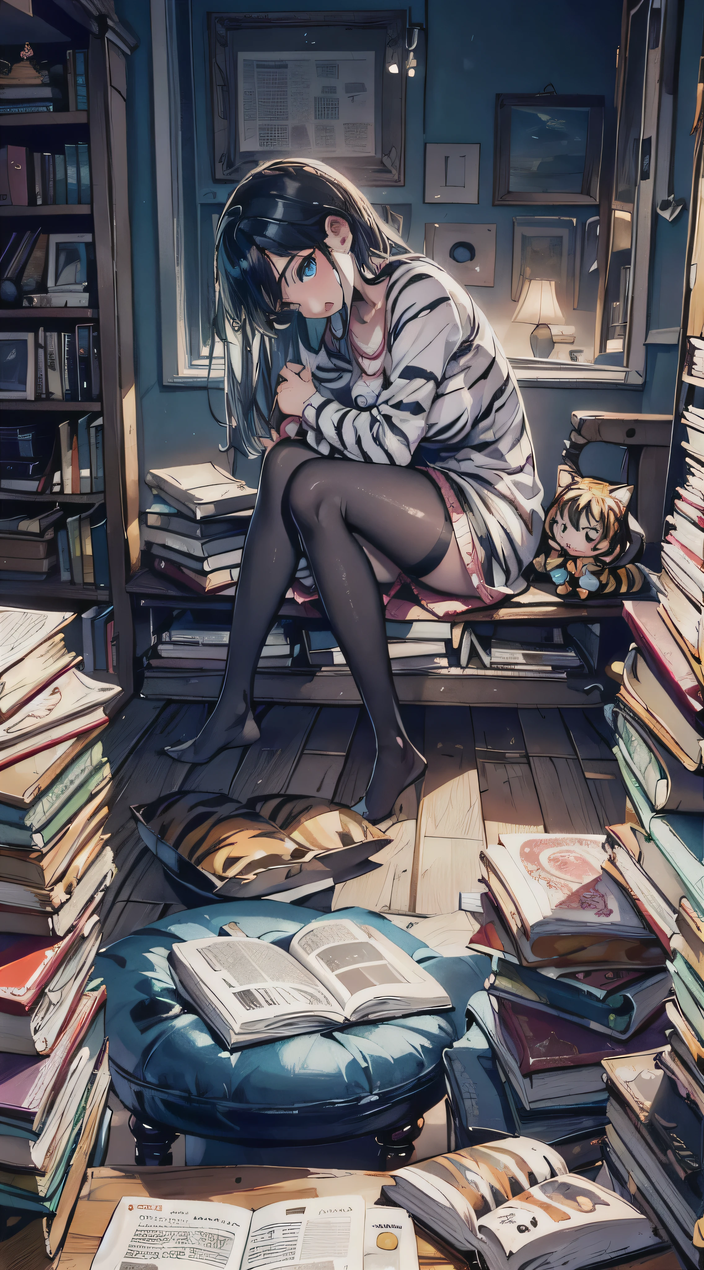 woman having big tits, tiger with a clear and detailed face having realistic eyes and mouth, aniaml, doll, cute, small, one room, warm, studying, books, coffee