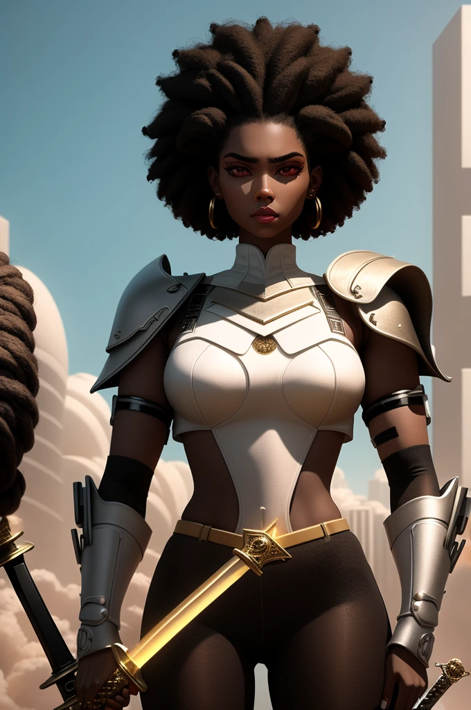 A girl full body, sword in his hand, giant sword command him, girl with afro hair and slightly rusty detailed white armor, Lights, cyberpunk, black hair, black skin, black skin, Africa year 2790. 