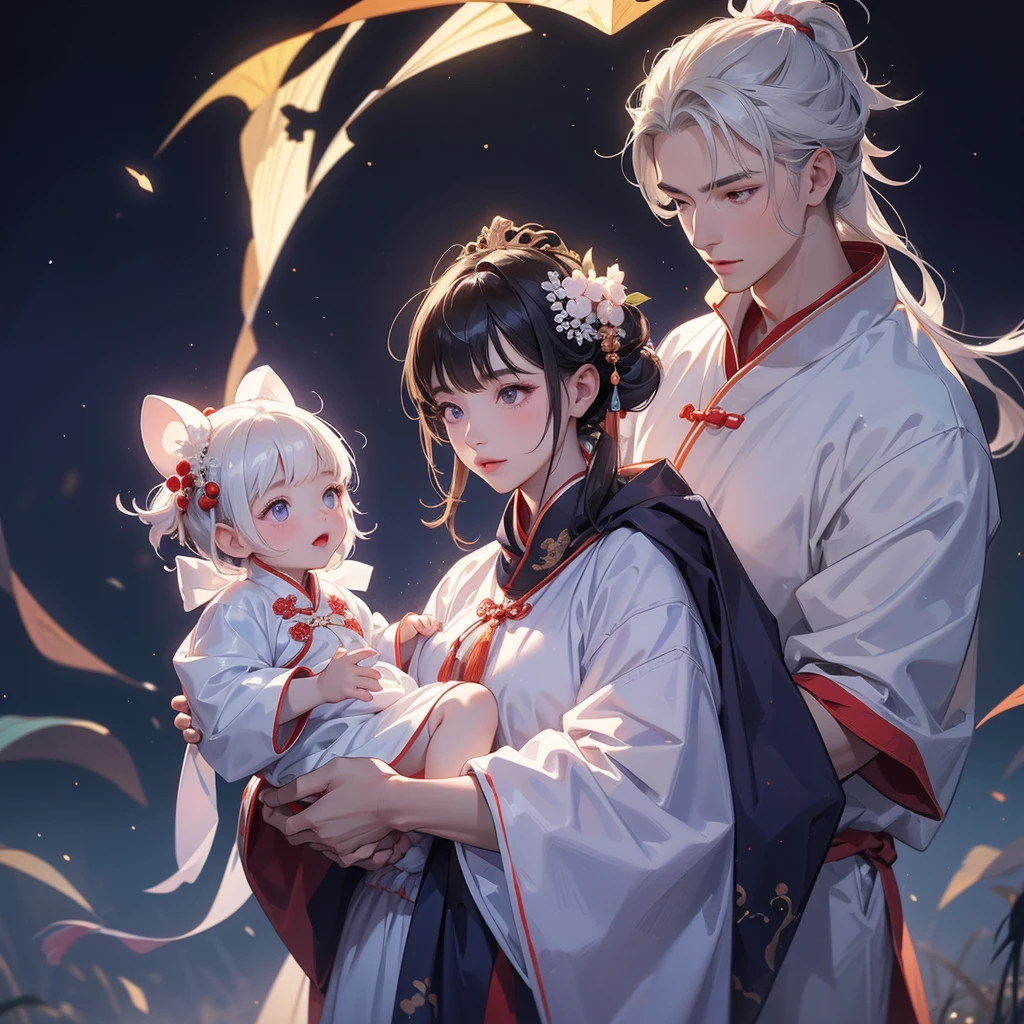 A one-year-old baby boy in an white ancient Chinese baby costume with his beautiful mother, dressed in an ancient Chinese costume, There are some floating clouds, playing with each other, with his handsome father standing next to his mother, close up.

Background is a dark moonless night, with dry trees in the background, and purple glowing light