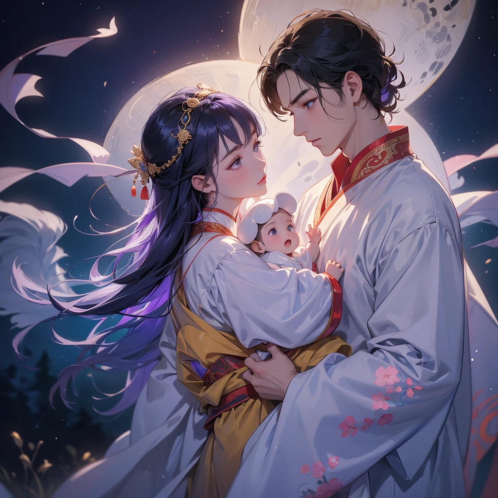 A one-year-old baby boy in an white ancient Chinese baby costume with his beautiful mother, dressed in an ancient Chinese costume, There are some floating clouds, playing with each other, with his handsome father standing next to his mother, close up.
Background is a dark moonless night, with dry trees in the background, and purple glowing light