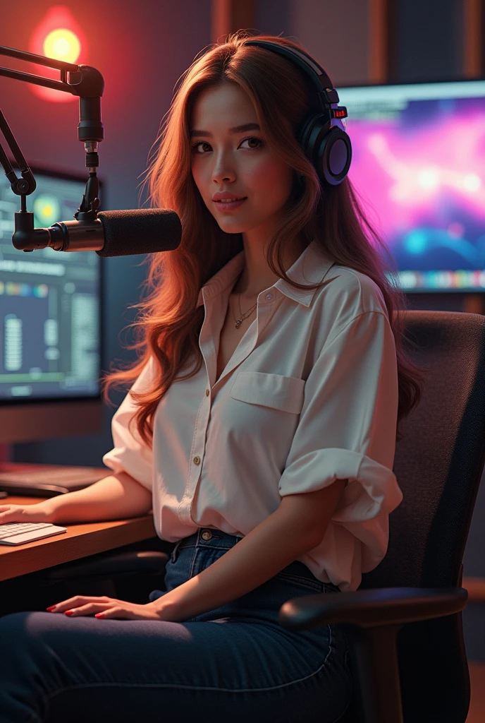 Photo ultra-haute qualité de (Al1c3Lev1ne01:0.99), une femme présentatrice dans une émission de radio, style de séance photo, fond d'écran CG Unity 8k extrêmement détaillé. Inspirée des plus belles œuvres d'art du monde, peinture à l'huile majestueuse, réalisée par Ed Blinkey, Atey Ghaïlan, Studio Ghibli, Jeremy Mann, Greg Manchess, Antonio Moro. Tendance sur ArtStation et CGSociety, complexe, haut niveau de détails, netteté exceptionnelle, spectaculaire. Art photoréaliste peint par Midjourney et Greg Rutkowski. (Chemise et pantalon:1.1), ((studio de radio)), ((enregistrement d'une émission de radio)), ((BBC radio)), (regardant la caméra:1.2).