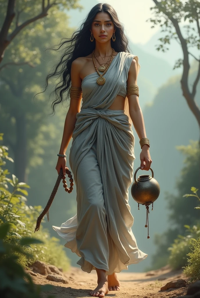 **Prompt:** "Create an ultra-realistic image of the beautiful Goddess Brahmacharini, depicted in a simple yet graceful grey saree and matching blouse, symbolizing her ascetic and saint-like nature. The saree should be modest, with minimal decoration, reflecting her life of penance and devotion. Her complexion should be radiant, with a serene and peaceful expression on her face, embodying purity and determination. Her large, calm eyes should reflect deep wisdom and unwavering focus on spiritual goals.
Goddess Brahmacharini should be depicted walking barefoot, emphasizing her ascetic lifestyle and devotion. She has two hands: in her right hand, she carries a Jap Mala (prayer beads), symbolizing her constant meditation and spiritual practice; in her left hand, she holds a Kamandal (water pot), representing her simplicity and detachment from worldly desires.
The background should be a serene, natural landscape, perhaps with a forest or mountain setting, highlighting her life of austerity and connection with nature. The overall image should capture the essence of Goddess Brahmacharini’s beauty, purity, and spiritual dedication, presented in a highly realistic and detailed manner, with her grey saree and saint-like outfit emphasizing her divine and ascetic nature."