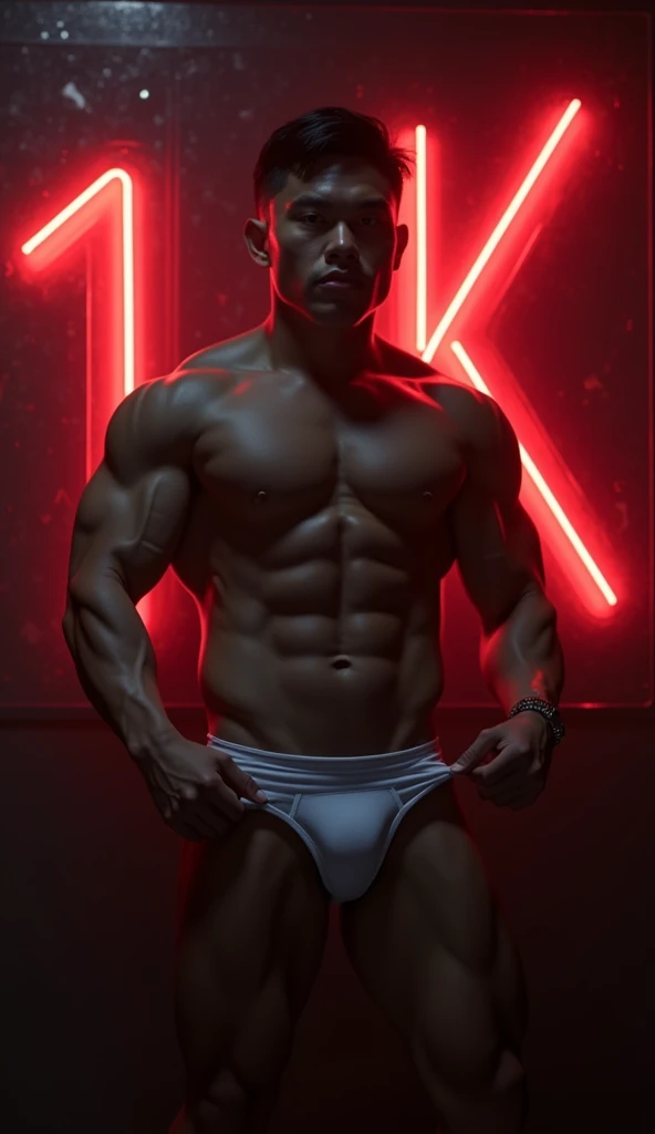 best quality, masterpiece, hyper realistic, extremely detailed, "1K" text in neon lights in the background, huge bulge in tiny white sheer gstring thong, extremely handsome filipino man, chubby baby face, one hand pulls down his underwear, grinning, muscular bodybuilder, half body, fill frame, dark cinematic lighting, extremely dramatic shadows, no background, perfect face, perfection, no signature, no logo