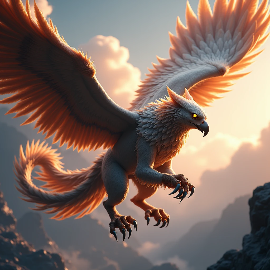 Majestic Griffin、Flying Griffin、A finely detailed muscular body、Big wings like a mighty eagle、Detailed eagle-like sharp claws on paws、Highly detailed eagle-like face and beak、Ferocious lion-like body and hind legs、Detailed lion-like hind legs、Detailed lion-like tail、Glowing yellow eyes、Flowing Feathers、an epic fantasy、Cinematic lighting、Dramatic composition、Complex Texture、Vibrant colors、Photorealistic、Octane Rendering、4K、Highest quality
