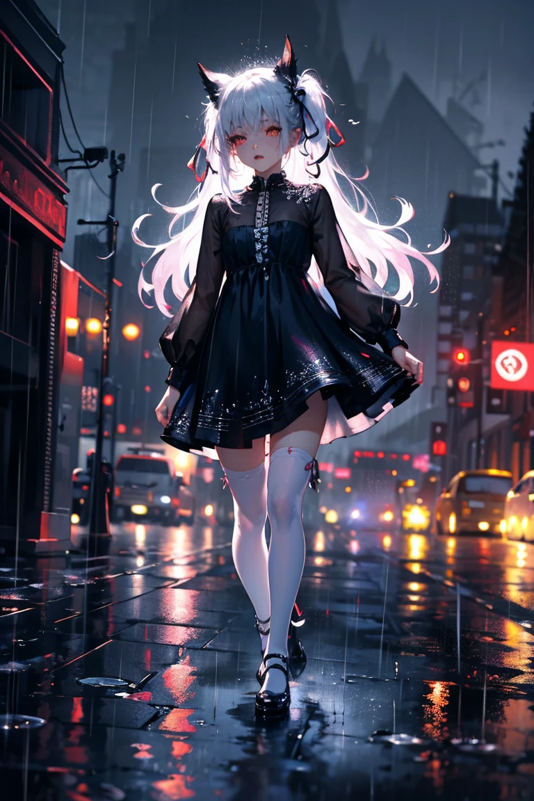 uhd, textured skin, good quality, High details, masterpiece, best quality, high detail face, (Amazingly absurd:1.2), (masterpiece:1.2), fluffy, 1 Girl, Dragon ears, Dress with ruffles, glowing eyes, shining hair , Whole body love, very long hair, hair ribbon, black kneesocks, full body, Kawaiitech, soft colours, Kawaii, Beautiful colors, (Rain:1.5), (Wet:1), (Night:2), (Landscape:2)