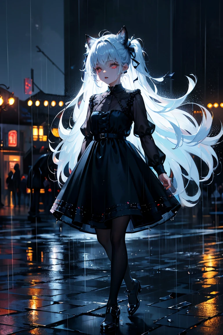 uhd, textured skin, good quality, High details, masterpiece, best quality, high detail face, (Amazingly absurd:1.2), (masterpiece:1.2), fluffy, 1 Girl, Dragon ears, Dress with ruffles, glowing eyes, shining hair , Whole body love, very long hair, hair ribbon, black kneesocks, full body, Kawaiitech, soft colours, Kawaii, Beautiful colors, (Rain:1.5), (Wet:1), (Night:2), (Landscape:2)