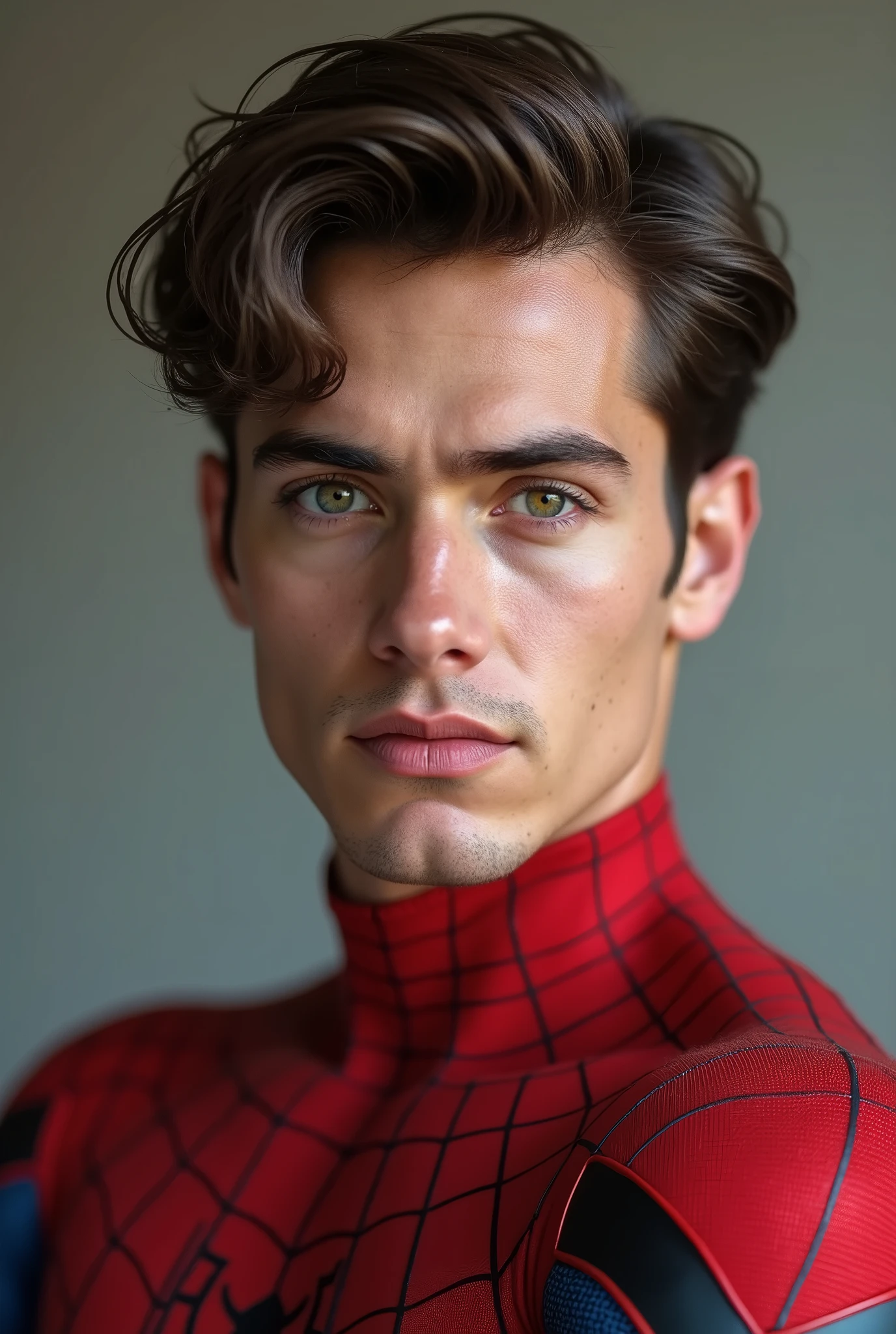 Photo of spider man, no mask, 20s, handsome, detailed face, looking at camera, Portrait, 8k uh, High quality, Hold the gun.