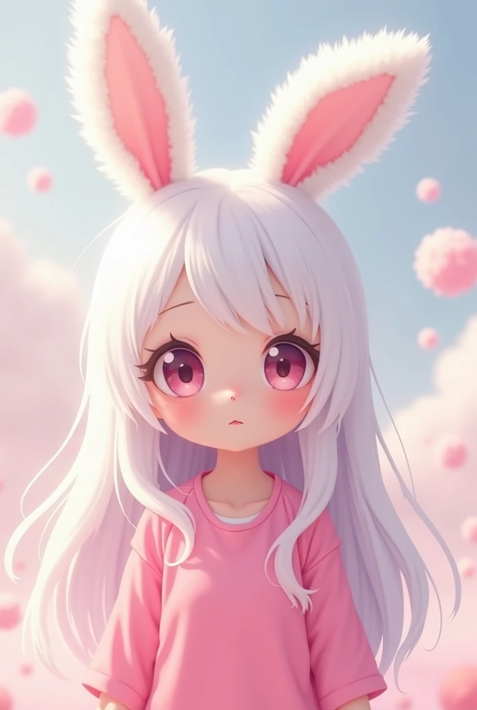 A small anime character with bunny ears, long white hair, and a pink shirt.