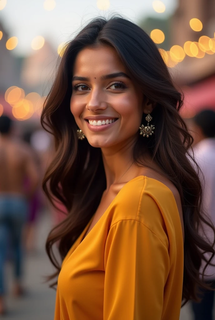 There is a young, Beautiful indian woman, who looks to the future like Katrina Kaif. Smiles into the camera, beautiful teeth. She stands there and looks into the camera, a portrait from raw photo, party outside

