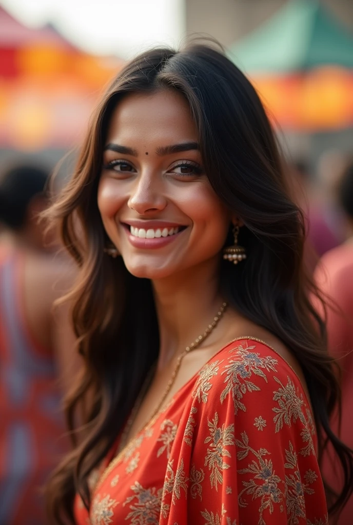 There is a young, Beautiful indian woman, who looks to the future like Katrina Kaif. Smiles into the camera, beautiful teeth. She stands there and looks into the camera, a portrait from raw photo, party outside