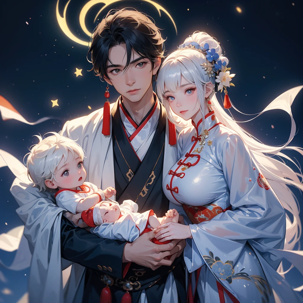 A one-year-old baby boy in an white ancient Chinese baby costume with his beautiful mother, dressed in an ancient Chinese costume, playing with each other, with his handsome father standing next to his mother, close up.
Background is a dark night, with moonlight and millions of stars, twinkling everywhere, with blue light