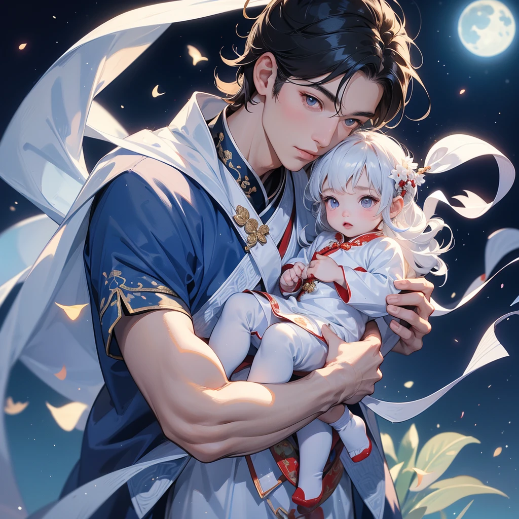 A -yead bab an white ancient Chinese baby costume wiis beautiful mother, dressed in an ancient Chinese costume, playing with each other, with his handsome father standing next to his mother, close up.

Background is a dark night, with moonlight and millions of stars, twinkling everywhere, with blue light