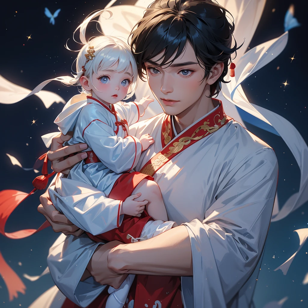 A one-year-old baby boy in an white ancient Chinese baby costume with his beautiful mother, dressed in an ancient Chinese costume, playing with each other, with his handsome father standing next to his mother, close up.

Background is a dark night, with moonlight and millions of stars, twinkling everywhere, with blue light