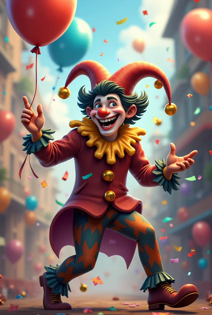 A mischievous jester holding a vibrant helium balloon, surrounded by a whirlwind of colorful confetti, balloons, and playful pranks.
