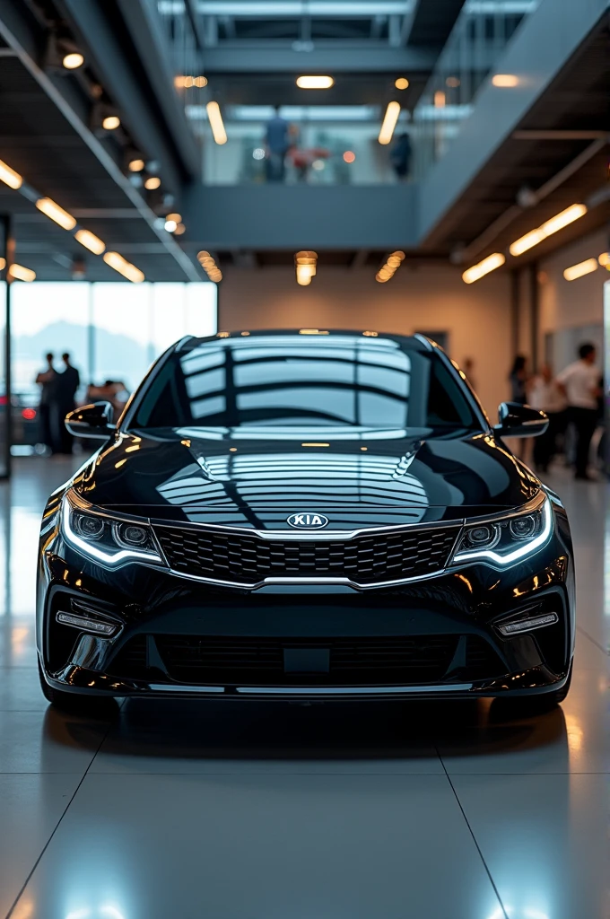 Give me a competative image of ( Kia Optima ) ( black ) front view in showroom 