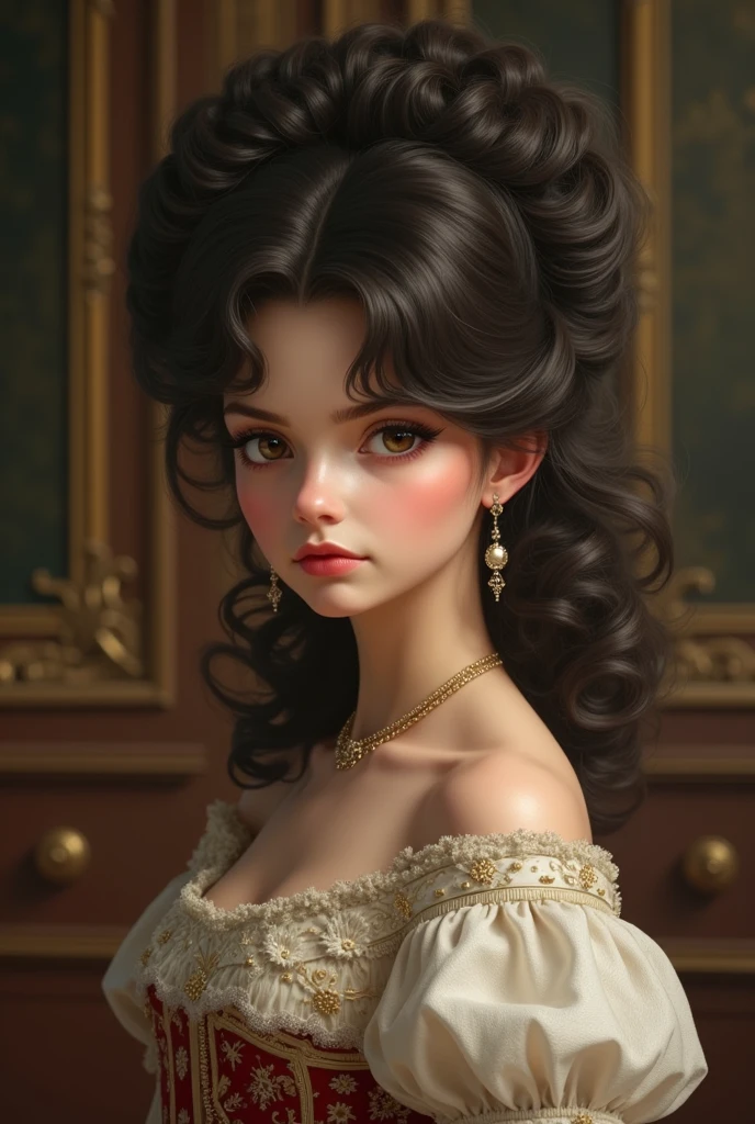 creates a girl with super curly hair with bangs like she's royalty in a painting looking slightly angry