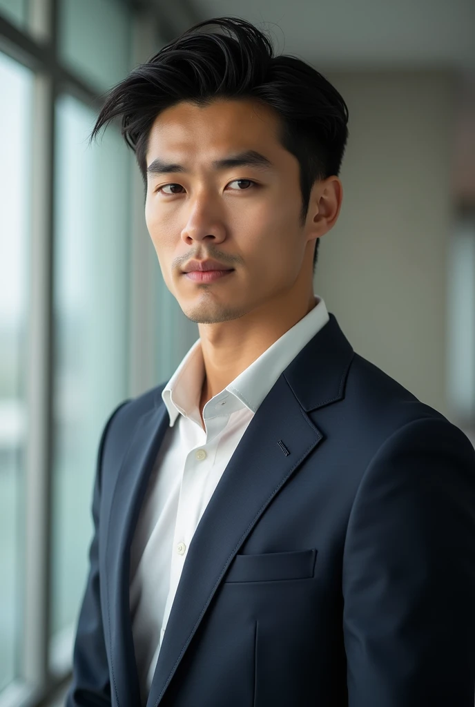 A slim but slightly muscular Japanese man in a suit, Photographed with a smartphone, Top quality, 1 beautiful men, Perfect Face, Japanese men, age 34, suit, center part, short hair, black hair, oily hair, Posing like a magazine cover,