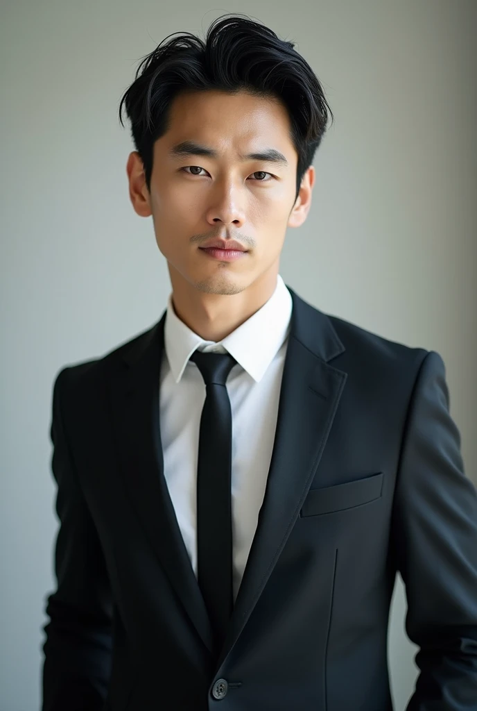 A slim but slightly muscular Japanese man in a suit, Photographed with a smartphone, Top quality, 1 beautiful men, Perfect Face, Japanese men, age 34, suit, center part, short hair, black hair, oily hair, Posing like a magazine cover,