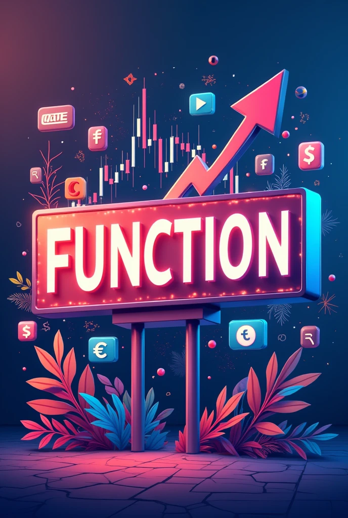 "An illustration featuring a sign with the text 'Function' in a bold, clear font at the center. Surrounding the sign are various images representing Forex trading actions, such as 'buy' and 'sell' buttons, along with graphs showing market trends, currency pairs, and candlestick patterns. The design should have a modern and dynamic feel, emphasizing the activity and movement within the Forex market, with vibrant colors to capture the energy and complexity of trading." realistic