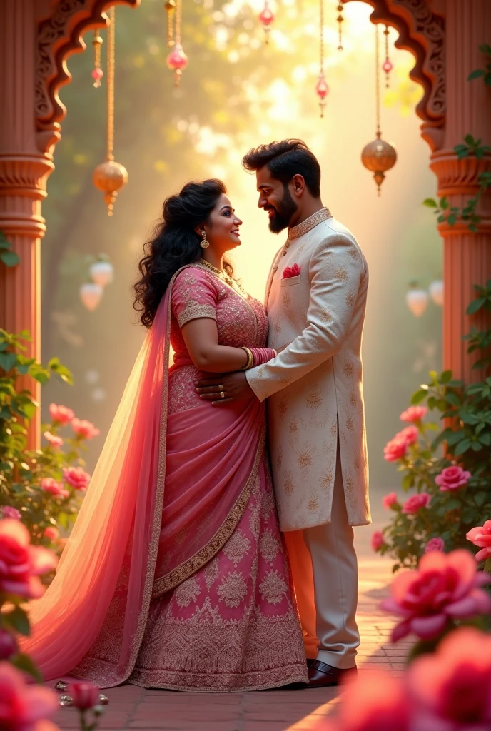 Create an Indian bride in pink engagement dress a, little fat and curly hair standing next to a little fat groom in white sherwani both of them having fair skin and black hair