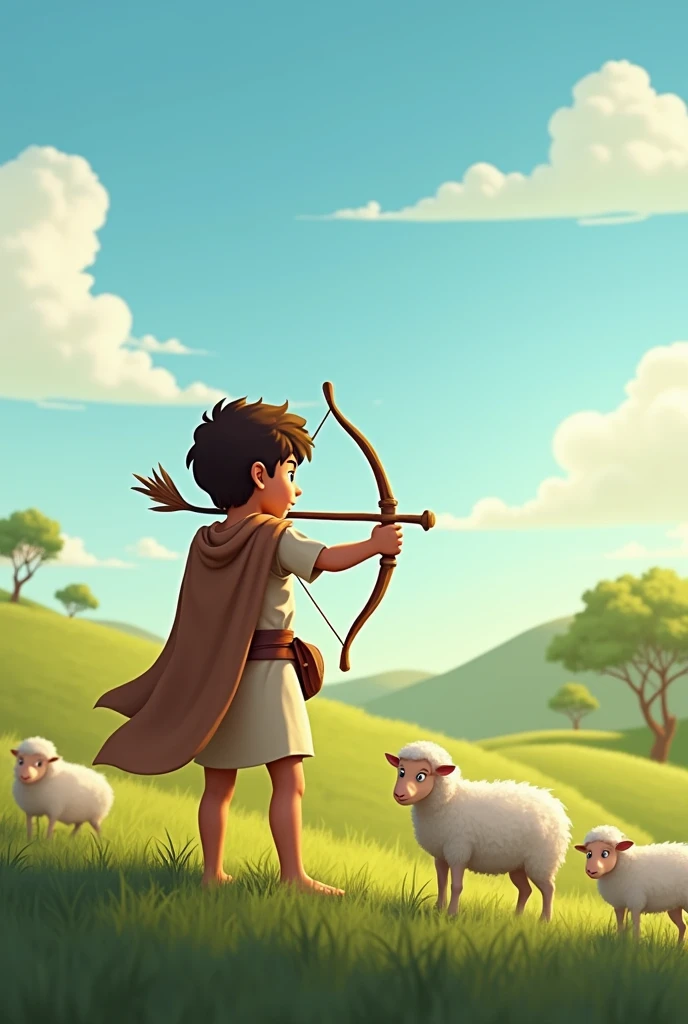 Generate an image showing David boy as a Shepherd - Picture a serene green field under a bright blue sky, with fluffy white clouds drifting by. In the foreground, you see David, a young boy with a gentle demeanor. He wears simple tunic-like clothing and holds a shepherd's staff. Surrounding him are fluffy white sheep grazing peacefully. Perhaps there are a few trees dotting the landscape, adding to the tranquility of the setting.
in a sunny, rustic landscape. In his hands, he holds a slingshot, crafted from a forked branch with a leather pouch.
David stands focused, his eyes locked on a distant target—a rock or perhaps a tree stump. There are a few sheep grazing nearby, and the background features rolling hills and the warm glow of the afternoon sun. The air is filled with the sound of nature, and you can almost feel his determination as he practices.