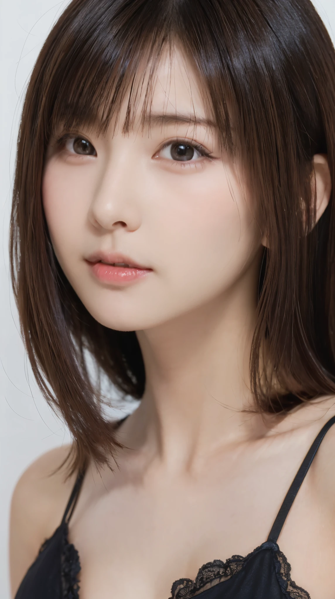 ((1 girl:1.4)), (Wear a white camisole:1.4), ((round face:1.2))、Looking at the camera、Beautiful Japanese Idols,((Close-up of face))、No underwear、(RAW Photos, Highest quality), (Realistic:1.3), (masterpiece), Very delicate and beautiful, Very detailed, 2k wallpaper, wonderful, finely, Very detailed CG Unity 8K 壁紙, Very detailed, High resolution, Soft Light, Beautiful detailed girl, Very detailed目と顔, Beautiful and sophisticated nose, Big beautiful eyes, Cinema Lighting, (Simple light color background:1.3),(Medium Hair), (Parted bangs), Complete Anatomy, Slender body,Small breasts, Sensual look