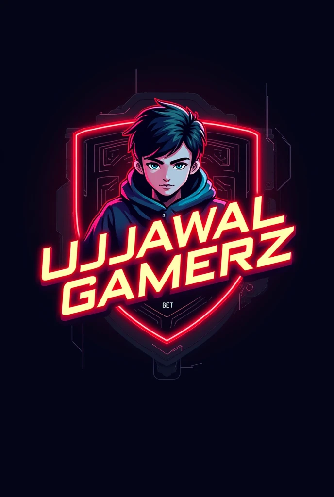 This is a gaming logo that features the name " UJJAWAL GAMERZ" in a futuristic font and a red neon color. and gaming anime boy avtar. 