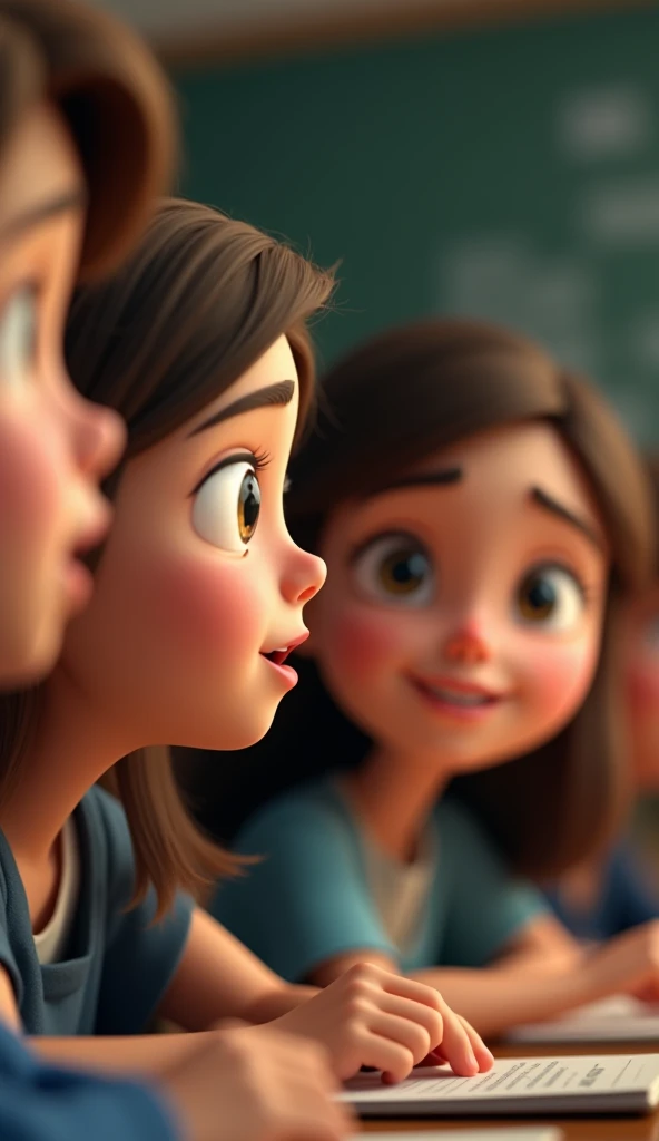 3D animation style image capturing close-ups of the students’ faces as they react to the professor’s question. Their expressions range from curiosity to deep thought, with subtle changes in their facial animations to show their realization. The scene is rich in detail, with the classroom environment slightly blurred to keep the focus on the students' faces.