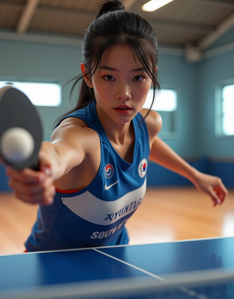 (Photorealism:1.2), beautiful woman, She is playing table tennis.. South Korea national team player.