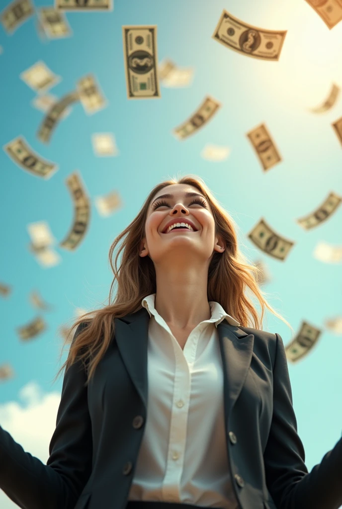 A businesswoman, a beautiful woman, smiling happily, looking up, spreading her arms, waiting to receive money, with a lot of money falling from the sky.