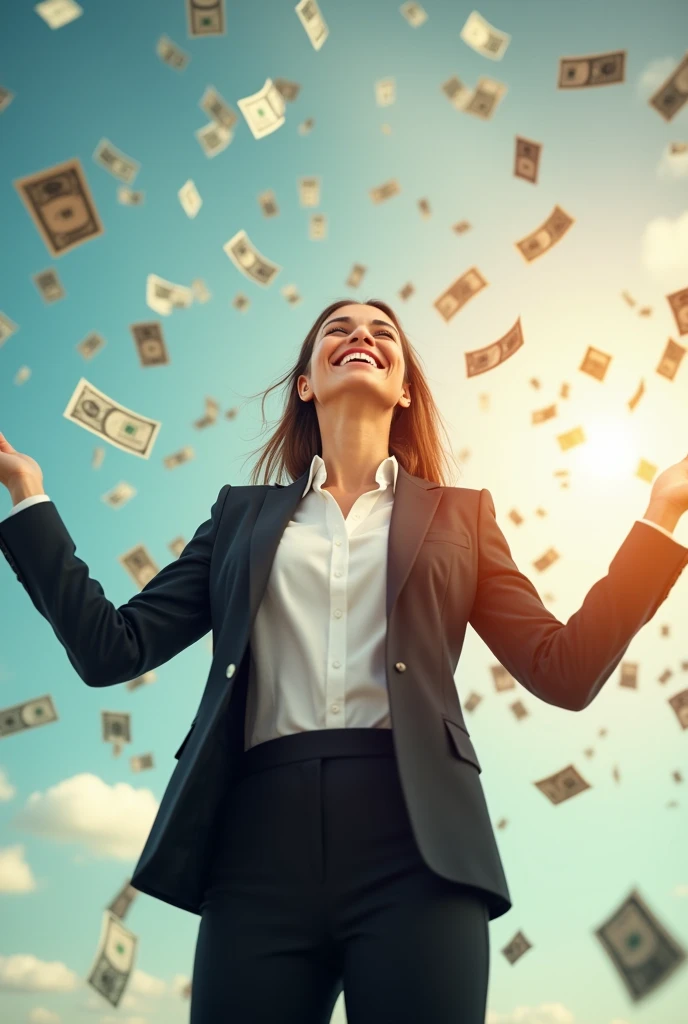 A businesswoman, a beautiful woman, smiling happily, looking up, spreading her arms, waiting to receive money, with a lot of money falling from the sky.