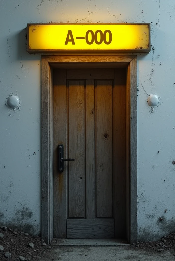 a wooden old door in the dark in a white wall with a yellow bright sign in the top that says A-000
