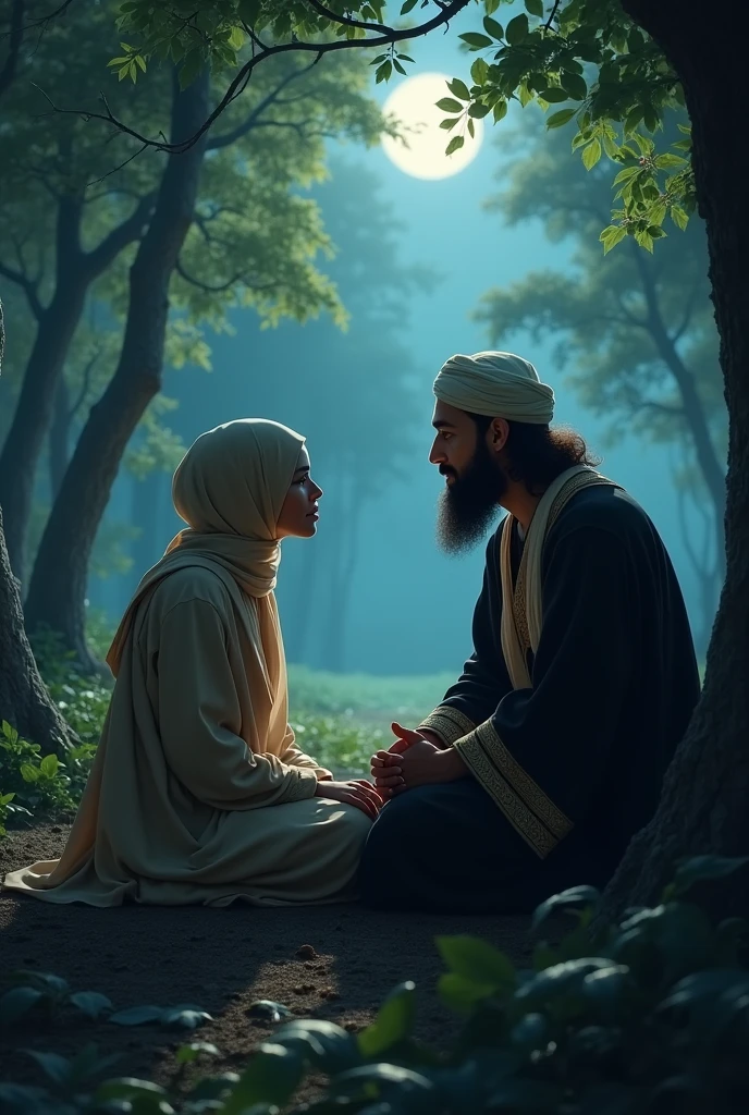 A Muslim ladies talking Hazrat Ali in forest night
