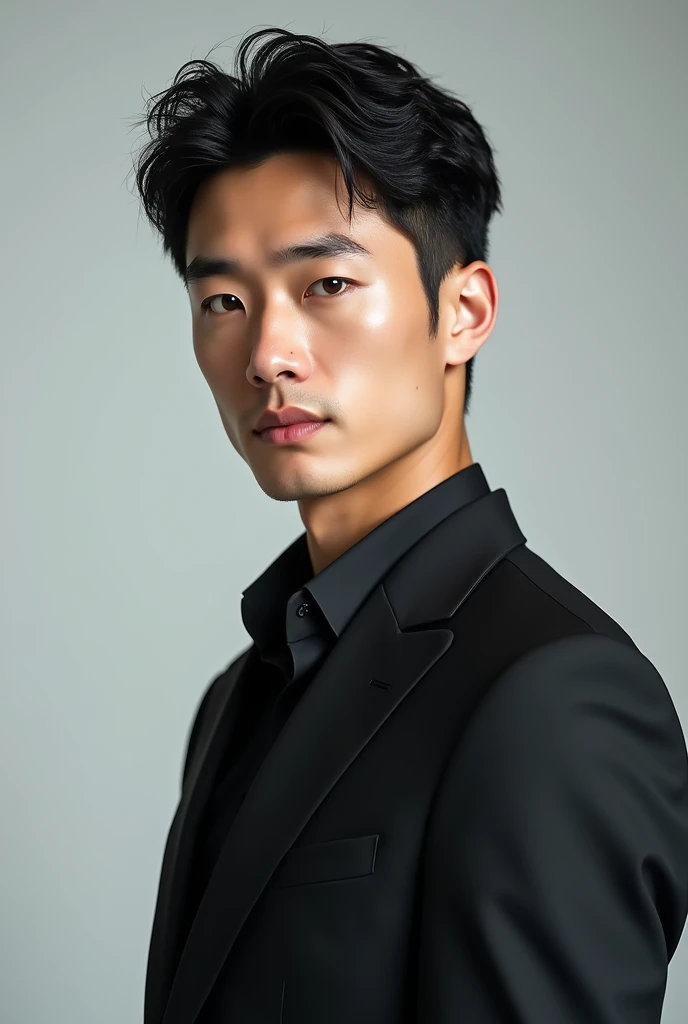 A slim but slightly muscular Japanese man in a suit, Photographed with a smartphone, Top quality, 1 beautiful men, Perfect Face, Japanese men, age 34, suit, ((center part hair)), short hair, black hair, ((oily hair)), Posing like a magazine cover,