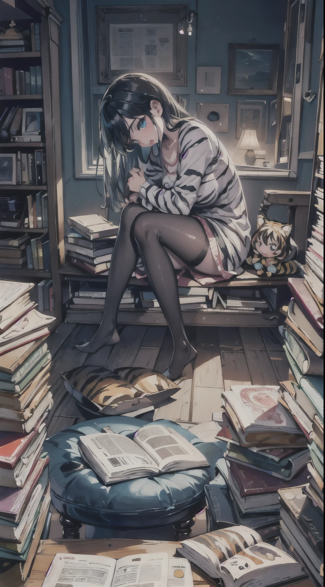 woman having big tits, tiger with a clear and detailed face having realistic eyes and mouth, aniaml, doll, cute, small, one room, warm, studying, books, coffee