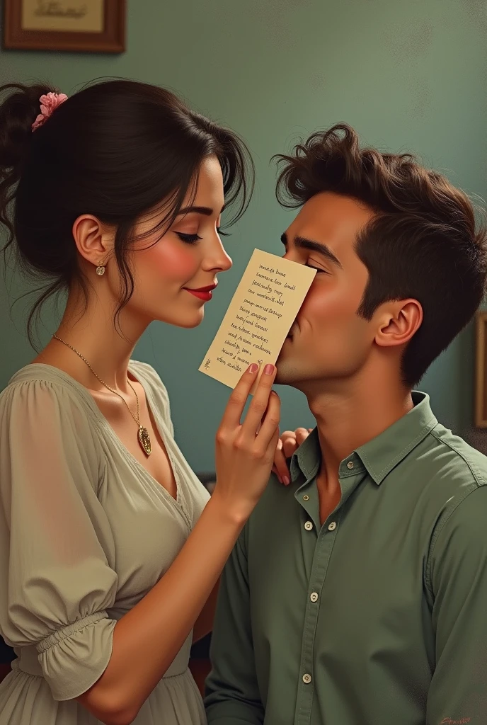 a woman puts a piece of paper with printed text on a man's nose