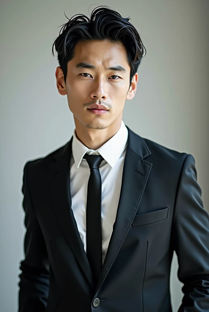 A slim but slightly muscular Japanese man in a suit, Photographed with a smartphone, Top quality, 1 beautiful men, Perfect Face, Japanese men, age 34, suit, center part, short hair, black hair, oily hair, Posing like a magazine cover,