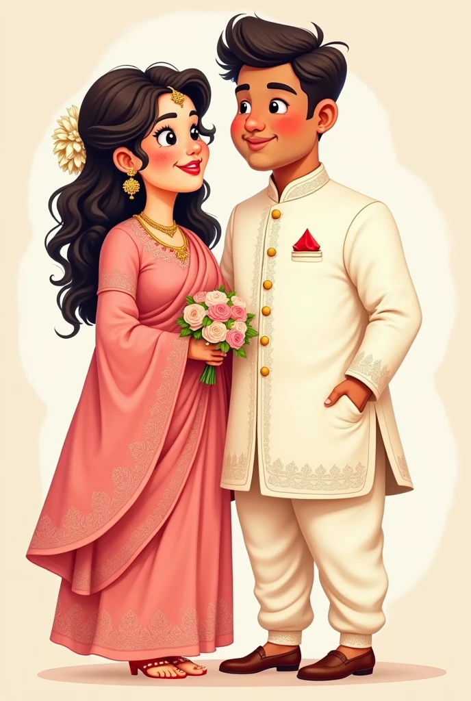 Create a cartoon image of an Indian bride in pink engagement dress a, little fat and curly hair standing next to a little fat groom in white sherwani both of them having fair skin and black hair