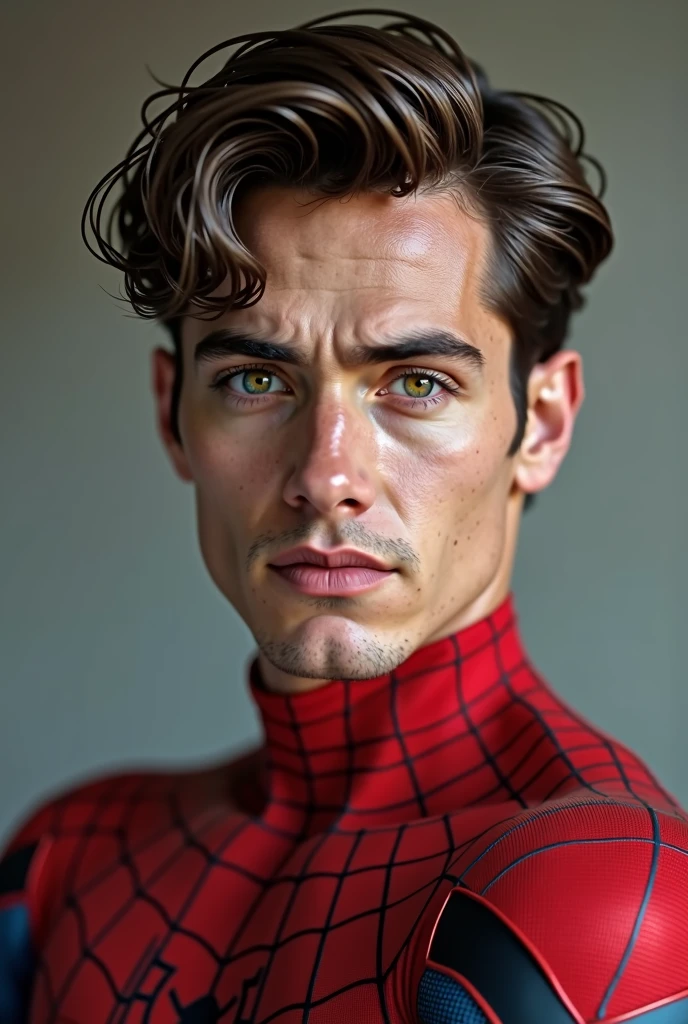Photo of spider man, no mask, 20s, handsome, detailed face, looking at camera, Portrait, 8k uh, High quality, Hold the gun.
