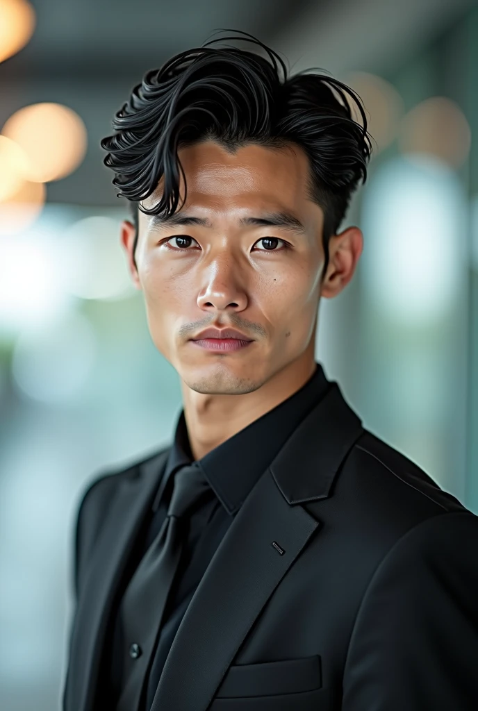 A slim but slightly muscular Japanese man in a suit, Photographed with a smartphone, Top quality, 1 beautiful men, Perfect Face, Japanese men, age 34, suit, center part, short hair, black hair, oily hair, Posing like a magazine cover,