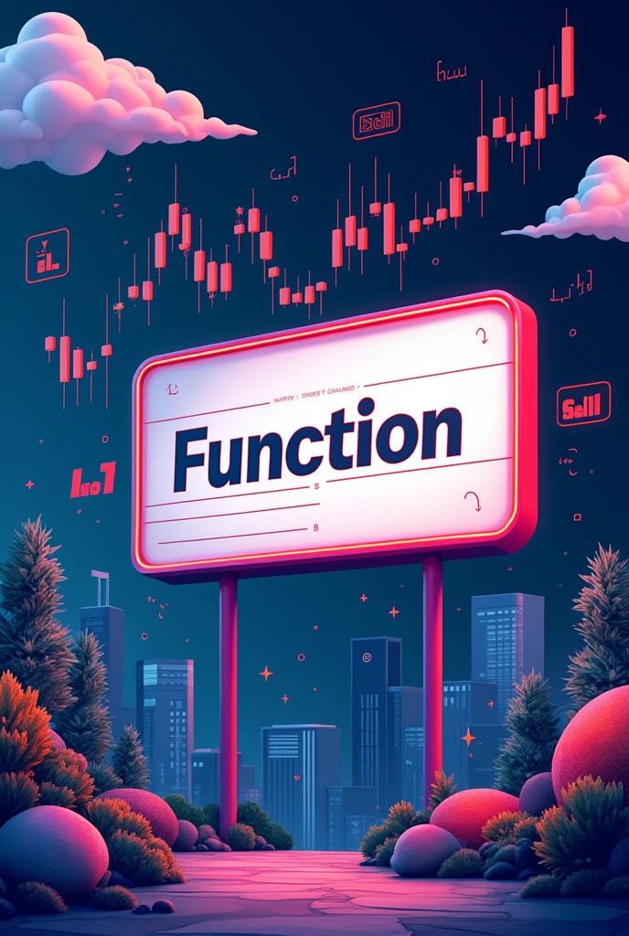 "An illustration featuring a sign with the text 'Function' in a bold, clear font at the center. Surrounding the sign are various images representing Forex trading actions, such as 'buy' and 'sell' buttons, along with graphs showing market trends, currency pairs, and candlestick patterns. The design should have a modern and dynamic feel, emphasizing the activity and movement within the Forex market, with vibrant colors to capture the energy and complexity of trading." realistic picture