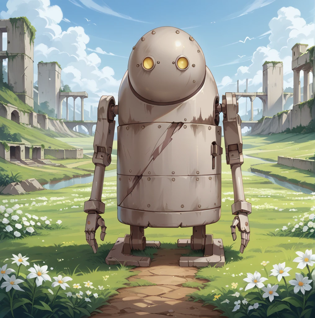 score_9, score_8_up, score_7_up, best quality, masterpiece, source_anime, rating_safe , zPDXL2, BREAK,   ruins
machine_lifeform, machine, robot, flower field, growing ,wearing small apron 